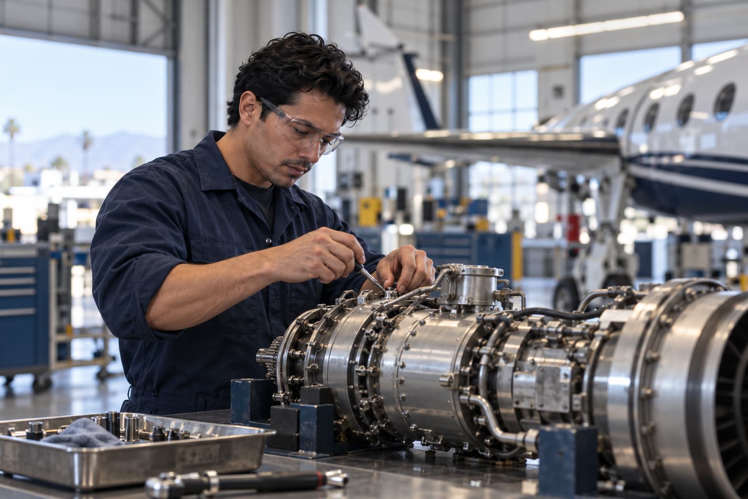 An aircraft technician working on a turbine engine on a workbench inside a hangar, with a business jet in the background.