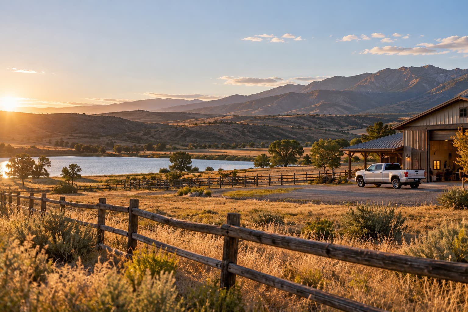 A ranch at sunset with a wooden fence in the foreground, a barn and pickup truck on the right, and a lake and mountains behind.