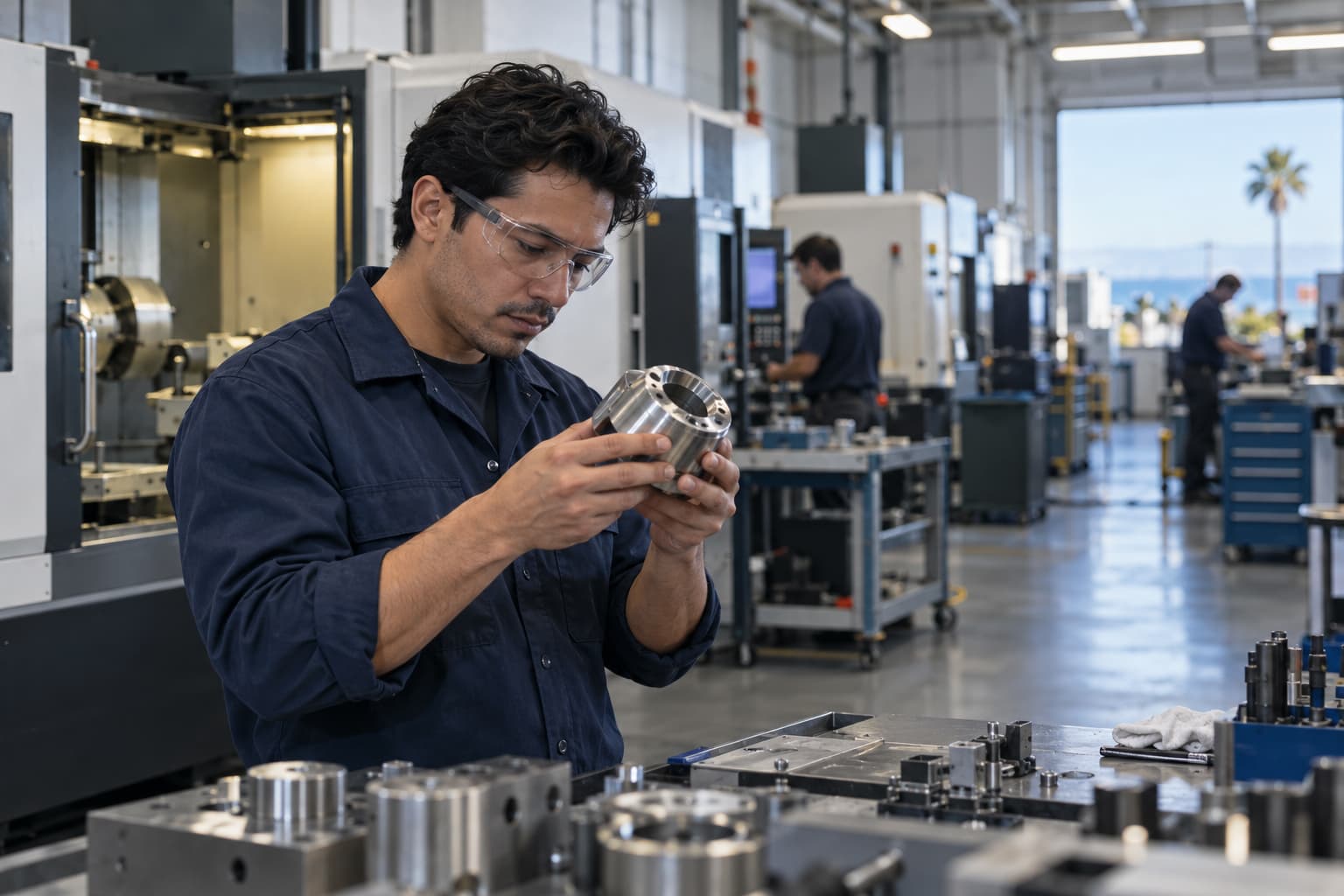 A machinist in safety glasses inspecting a precision metal part on a manufacturing floor with CNC machines behind him.