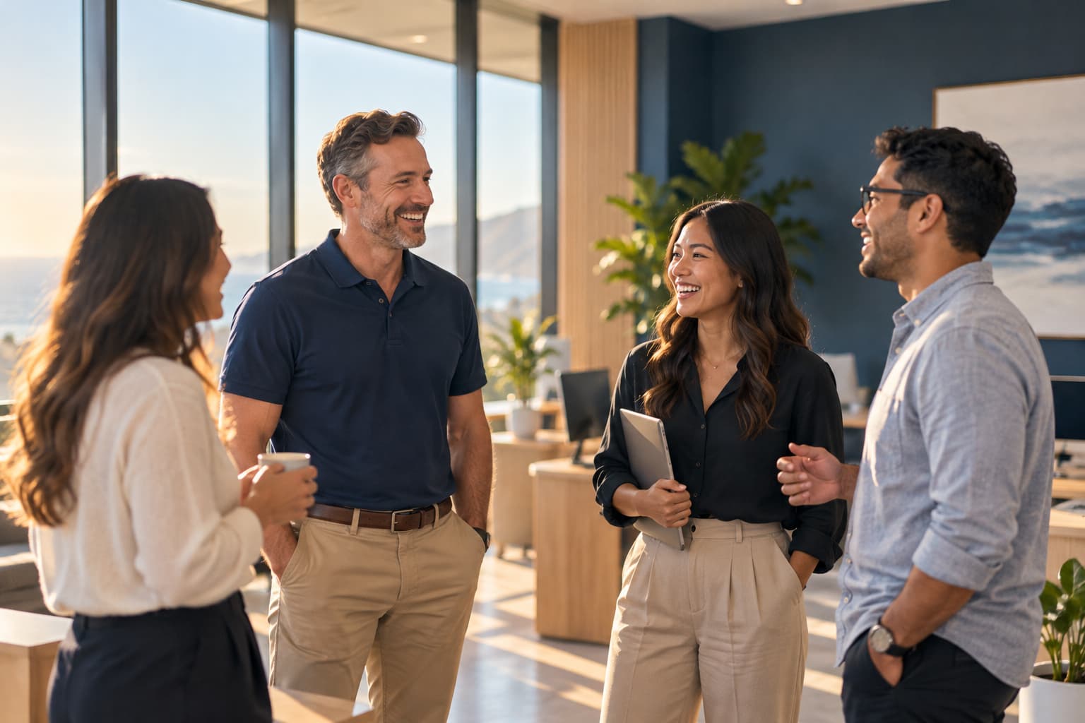 Colleagues talking and laughing in a bright office with an ocean view