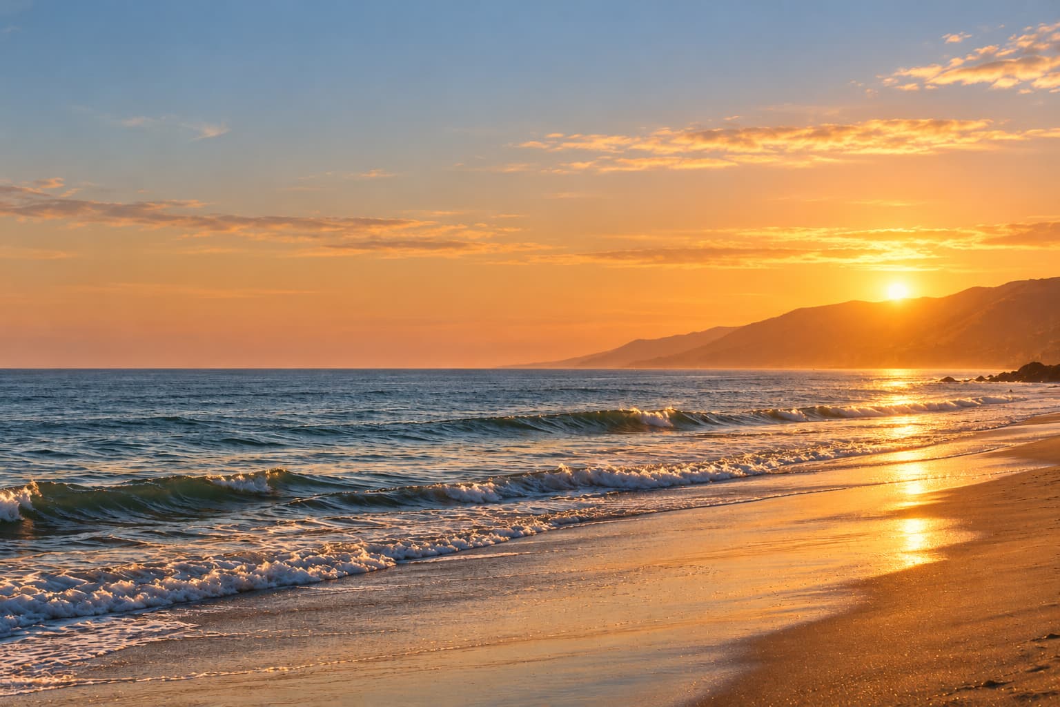 Zuma Beach at sunset, with waves rolling onto golden sand and the sun setting behind the Malibu coastline.